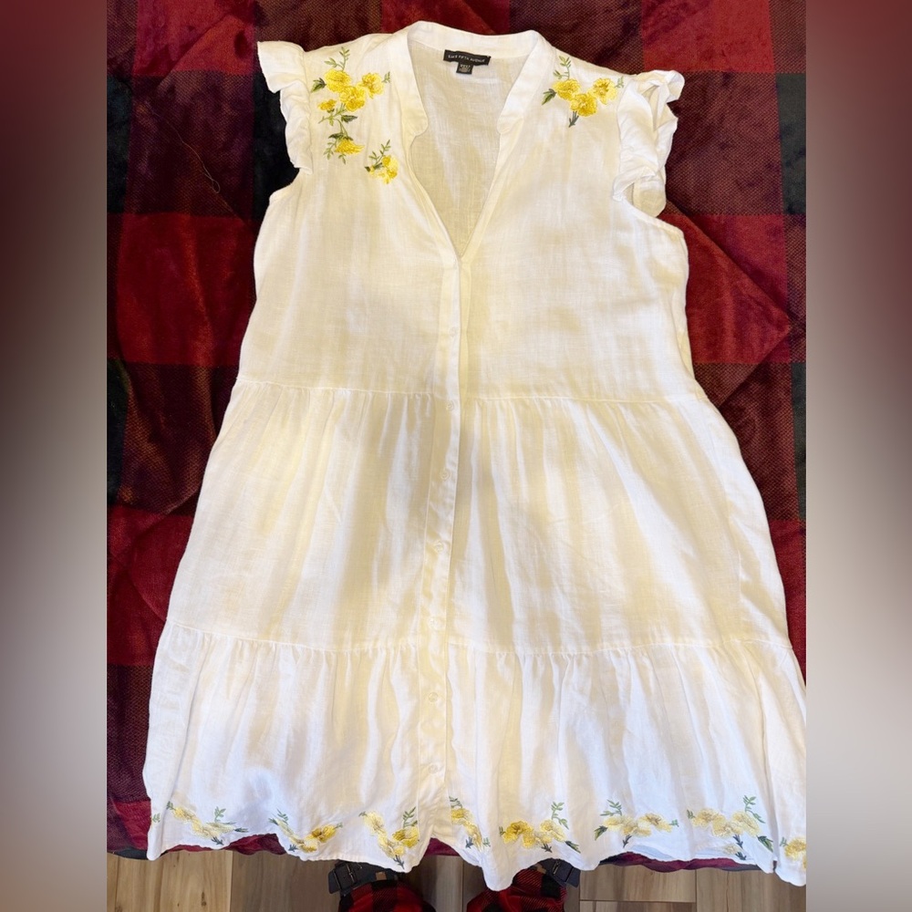 Saks Fifth Avenue 100% Linen White Dress with Yellow Floral Accents